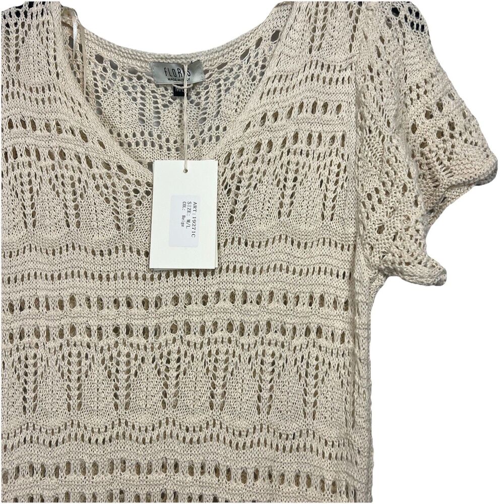NWT Floris Made in Italy Crochet cream midi Short Sleeve‎ Cover Up Dress Sz M/L
